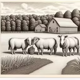 a drawing of some sheep on the farm in the morning