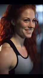 red hair is perfect for this stunning picture,a woman is smiling and wearing a sports tank top
