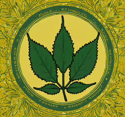 a leaf with many leafs and other things around it,green leafy leaves on yellow and gold with circular border