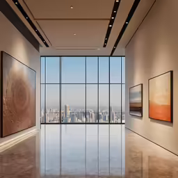 modern art in a lobby with large windows
