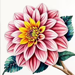 an artistic painting shows a flower on the outside of a frame,this painting shows a flower that has three petals,a drawing of a pink flower with green leaves,large pink flower with leaves on a white background,a drawing of a pink flower with green leaves