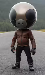 a person wearing gloves and a helmet with a large face