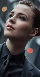 the face of an attractive woman in an office suit