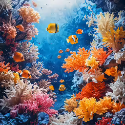 underwater scene with hard corals and yellow fish