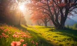 a painting of trees and flowers with grass