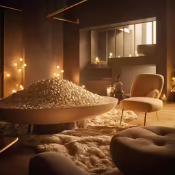 a chair sitting in a room with a bowl on top of it