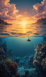 sunset on a rocky beach with a turtle swimming under the sun