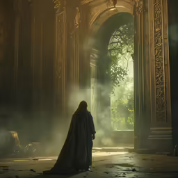 a man in an elaborate dark hall with a massive doorway