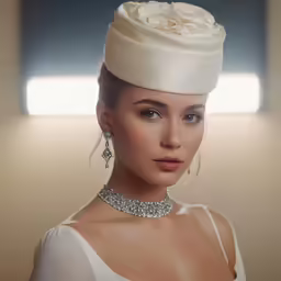 a woman is wearing a white flower crown