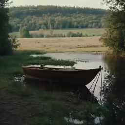 a boat in the water beside a lake and some trees