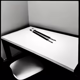 a white table with a pen and two inks