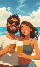 the man is sitting with his lady holding a beer on the beach
