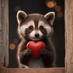 a raccoon holds a red heart with one hand