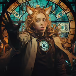 a woman dressed in brown is standing near a large clock