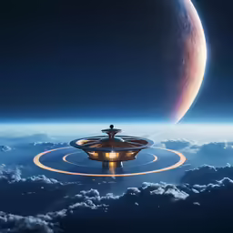 an alien spaceship flies above the clouds