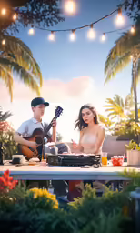 two people sit at a table with guitars and food in front of them