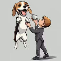 a person and a dog and the boy in gray