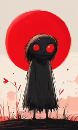 an illustration of a woman with red eyes stands in a field