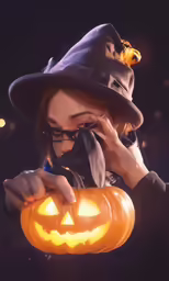 a woman in black hat with pumpkins in her hands