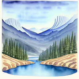 a scene from a watercolored drawing of mountains and lake,water that has a lot of trees and mountain range on it