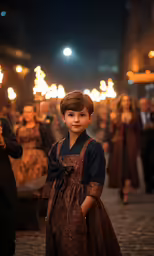 small boy wearing an apron and bow tie with the lights behind him