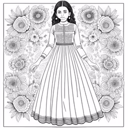 a drawing of a girl in dress with flowers,a woman in a dress is surrounded by sunflowers,the young girl in a long dress surrounded by flowers,an illustration of a girl surrounded by flowers,girl in vintage dress surrounded by flowers and a floral background