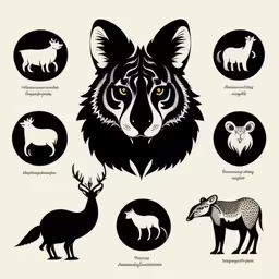 an image of animals, lions and deers,a series of six animal silhouettes, with a wolf, fox, deer and ostrich,an illustrated guide to the different types of animals,a black and white drawing of a wolf in different types of animals,an image of different animals with their name on it