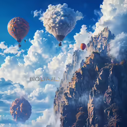 a sky with several balloons flying in the air over mountains