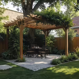 an empty patio and pergol with wood furniture is pictured in this photo
