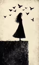 a person standing alone in front of a bunch of birds