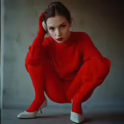 a woman in red is kneeling down
