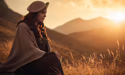 a beautiful woman wearing a hat and long cloak posing on a hill