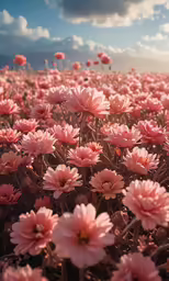rows of pink flowers on the ground in front of a sky