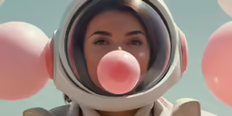 a female is wearing an astronaut helmet and licking a pink bubble