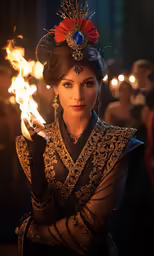 a woman is holding a sparkle and wearing a traditional dress