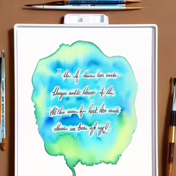 there is a quote on a watercolor background that says life always ends,an artistic piece is on display next to some pens