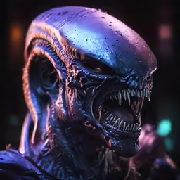 a creepy alien standing with his head close to the camera