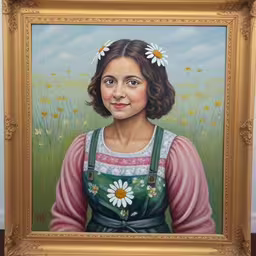 the painting depicts a young woman in a green dress with daisies