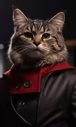 a brown black and white cat wearing a red jacket