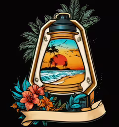a colorful lantern sits on the beach near an ocean,a lantern with an orange sunset on it