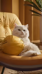a cat that is sitting on top of a yellow chair