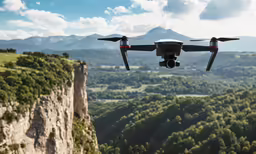 the black remote controlled aerial vehicle is flying over a hill