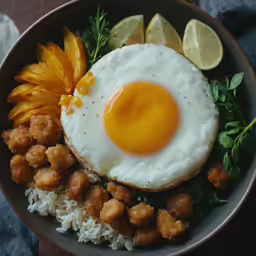a food entree with meat, rice and an egg