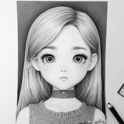 a little girl has a drawing of her face with long hair