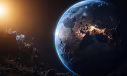 the earth in space lit by the sun with clouds and bright light