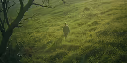 a person standing in a green field with grass