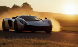 a silver and white car going down the road