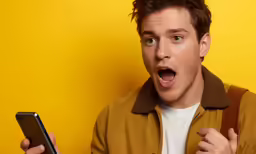 a man holding his cellphone while making the v for a face