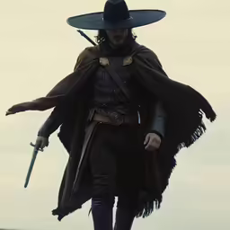 a man dressed as john wayne walking on sand