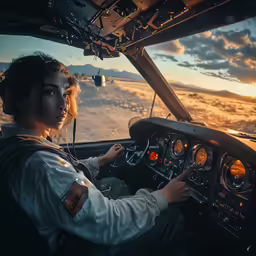 a woman driving a small aircraft with a sunset in the background